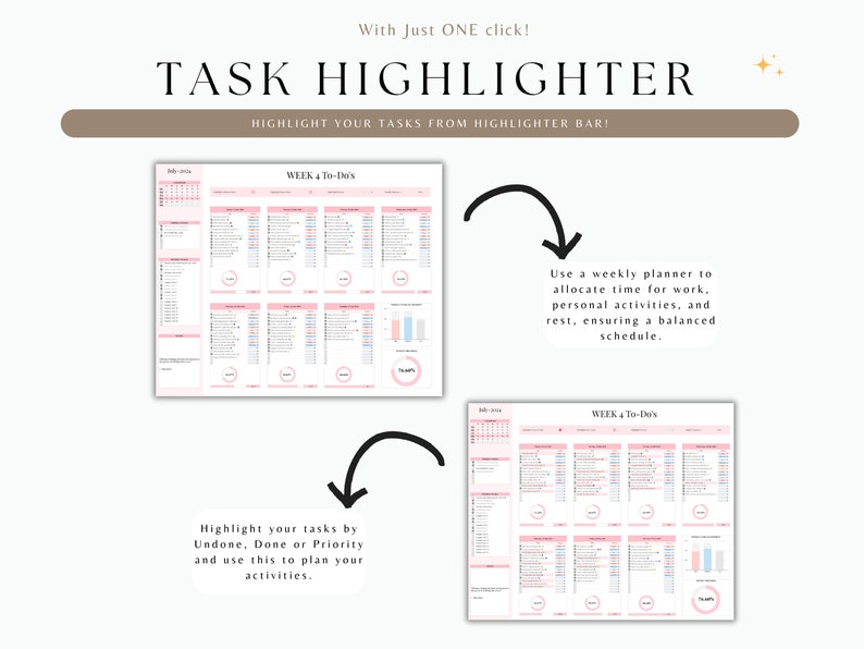 May include: A digital printable planner with a pink and white colour scheme. The planner is divided into weekly sections with a to-do list for each day. The text "WEEK 4 To-Do's" is visible at the top of the planner.