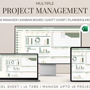 Könnte beinhalten: Ein digitales Bild, das einen Computerbildschirm, ein Tablet und ein Telefon zeigt, auf denen eine Projektmanagement-Tabelle angezeigt wird. Die Tabelle trägt den Titel "Projekt-Dashboard" und verfügt über mehrere Registerkarten für Aufgabenverwaltung, Kanban-Board, Gantt-Diagramm und Planer. Der Text "Excel-Tabelle | 10 Registerkarten | Bis zu 16 Projekte verwalten" wird am unteren Rand des Bildes angezeigt.