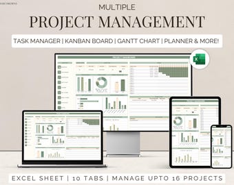 Project Management Dashboard: Excel Template with Gantt & Kanban (Digital Download)