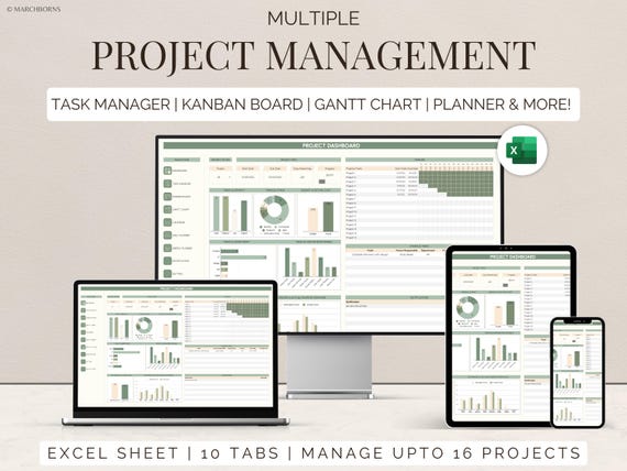 Project Management Excel Template task manager kanban board gantt chart daily weekly planner calendar small business multi project tracker
