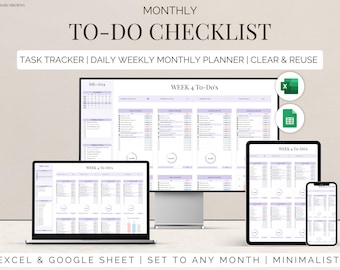 May include: A digital monthly to-do checklist template in Excel and Google Sheets format. The template is designed to be clear and reusable, with a minimalist aesthetic. The image shows a calendar, a weekly to-do list, and a task tracker.