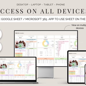 May include: Image showing a spreadsheet on a desktop computer, laptop, tablet, and phone. The text reads "ACCESS ON ALL DEVICES" and "USE GOOGLE SHEET / MICROSOFT 365 APP TO USE SHEET ON THE GO!" with icons for Excel and Google Sheets.