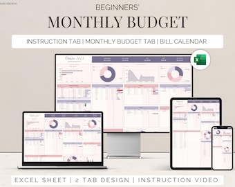 May include: A computer screen displaying a monthly budget spreadsheet with three tabs: Instruction, Monthly Budget, and Bill Calendar. The spreadsheet is designed in a light purple and pink color scheme. The image also shows a smaller laptop and phone screen displaying the same spreadsheet.