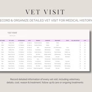 May include: A printable pet vet visit record with a light beige background. The document includes fields for pet name, clinic, veterinarian, date, reason, diagnosis, treatment, tests, follow-up plan, and cost. The text "VET VISIT" is at the top.