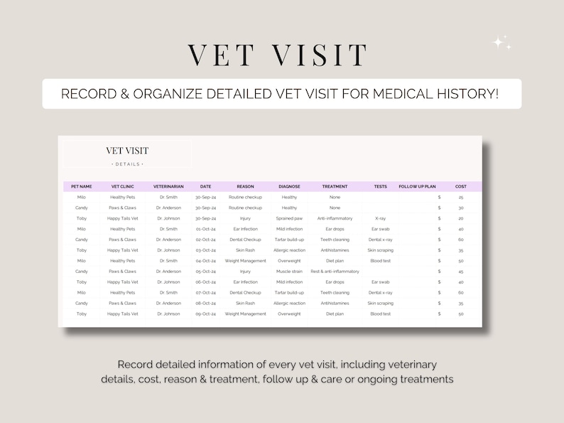 May include: A printable pet vet visit record with a light beige background. The document includes fields for pet name, clinic, veterinarian, date, reason, diagnosis, treatment, tests, follow-up plan, and cost. The text "VET VISIT" is at the top.
