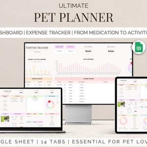 Może przedstawiać: Cyfrowy planer dla zwierząt wyświetlany na laptopie, monitorze, tablecie i smartfonie. Planer zawiera śledzenie wydatków i pulpity nawigacyjne. Tekst na obrazku brzmi "ULTIMATE PET PLANNER" i "ESSENTIAL FOR PET LOVERS".
