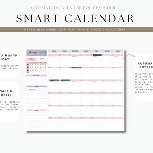May include: A pink and gray calendar with the text "SMART CALENDAR" at the top. The calendar is for January 2024 and has sections for goals, notes, and automated entries. The text "NEVER MISS A DUE DATE WITH THIS AUTOMATED CALENDAR" is below the title.