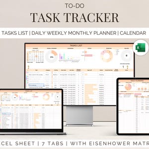 Peach Task Tracker Excel Template: Daily, Weekly, Monthly Planner (Digital)