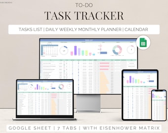 May include: A Google Sheet task tracker with seven tabs, including a daily, weekly, and monthly planner, a calendar, and a tasks list. The spreadsheet uses a color-coded system to organize tasks and includes an Eisenhower Matrix for prioritizing tasks. The spreadsheet is designed to help users stay organized and on top of their to-do list.
