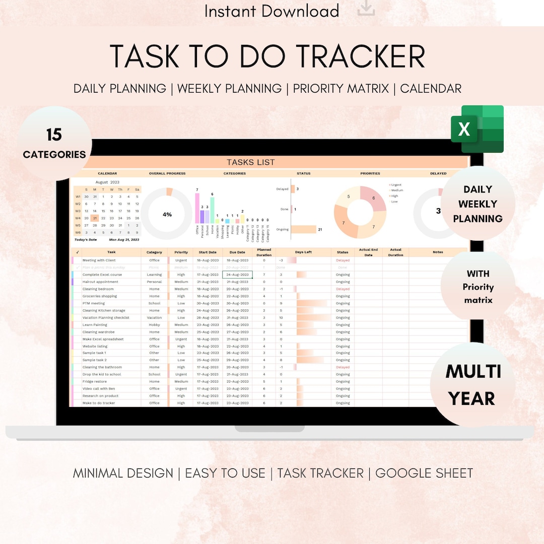 Tasks to Do Tracker Excel Template, Manage and Plan Daily Weekly and ...