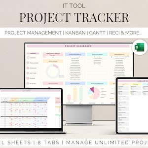 Peut inclure: Un écran d'ordinateur affichant un tableau de bord de gestion de projet avec des onglets pour la gestion de projet, Kanban, Gantt, et plus encore. Le tableau de bord est conçu dans un schéma de couleurs pastel avec des accents roses, bleus et verts. Le texte "PROJECT DASHBOARD" est visible en haut de l'écran. L'image montre également un ordinateur portable, une tablette et un téléphone, tous affichant différentes vues du tableau de bord de gestion de projet. Le texte "EXCEL SHEETS | 8 TABS | MANAGE UNLIMITED PROJECTS" est visible en bas de l'image.