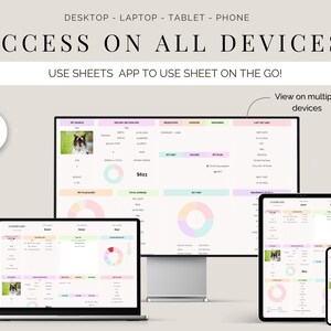 K&ouml;nnte beinhalten: Ein digitales Tabellenkalkulationsdesign, das auf einem Desktop-Computer, Laptop, Tablet und Telefon angezeigt wird. Der Text lautet "ZUGRIFF AUF ALLEN GER&Auml;TEN" und "VERWENDEN SIE DIE SHEETS-APP, UM DAS TABELLENBLATT UNTERWEGS ZU VERWENDEN!"