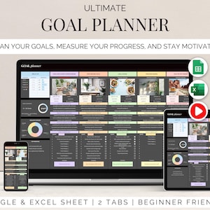 May include: A digital goal planner displayed on a laptop, tablet, and smartphone. The planner features a dark theme with colorful sections for goal setting and progress tracking. Text includes "ULTIMATE GOAL PLANNER" and "PLAN YOUR GOALS, MEASURE YOUR PROGRESS, AND STAY MOTIVATED!"