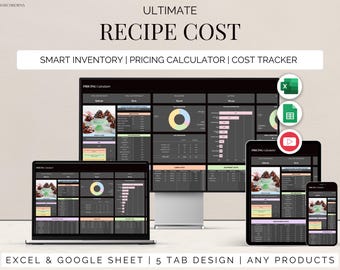 Receptkostnadskalkylator Google Sheets Prismall Excel Priskalkylator vinstmarginal Prislista Arbetsblad Planerare Verktyg för småföretag