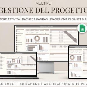 Pode incluir: Um ecrã de computador a mostrar um modelo de folha de cálculo Google para gestão de projetos. O modelo inclui um painel de controlo, um quadro Kanban e um diagrama de Gantt. O texto no ecrã diz "Gestione del Progetto" e "Gestore Attivita | Bacheca Kanban | Diagramma di Gantt & Altro!" O texto na parte inferior da imagem diz "Google Sheet | 10 Schede | Gestisci Fino a 16 Progetti".