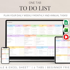 May include: A digital to-do list displayed on a computer, tablet, and smartphone. The screen shows a colourful, organised planner with sections for daily, weekly, monthly, and annual tasks. The text reads "TO DO LIST" and "PLAN YOUR DAILY WEEKLY MONTHLY AND ANNUAL TASKS!"