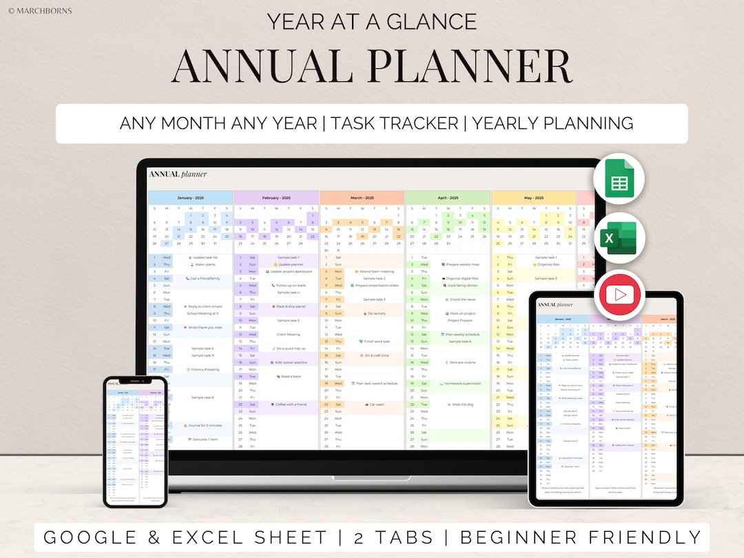 Year at a Glance Yearly Calendar Excel Template Annual Planner Google ...