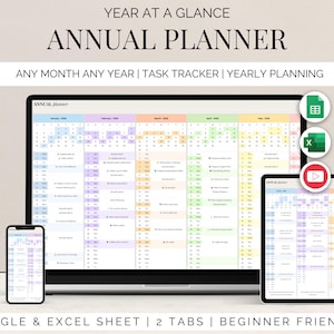 Könnte beinhalten: Ein Jahresplaner, der auf einem Laptop, Tablet und Smartphone angezeigt wird. Der Planer zeigt einen Jahreskalender mit farbcodierten Abschnitten. Der Text auf dem Bild lautet "Year at a Glance", "Annual Planner" und "Any Month Any Year | Task Tracker | Yearly Planning."