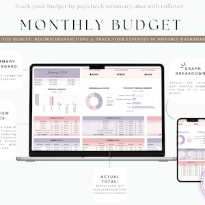 May include: A laptop computer screen displaying a monthly budget spreadsheet with a pink and purple color scheme. The spreadsheet includes sections for income, expenses, and spending allocation. The screen also shows a graph breakdown of the budget. A smartphone is shown in the lower right corner of the image, also displaying a budget spreadsheet.