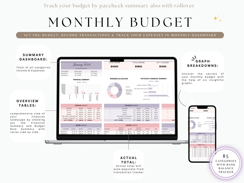 May include: A laptop computer screen displaying a monthly budget spreadsheet with a pink and purple color scheme. The spreadsheet includes sections for income, expenses, and spending allocation. The screen also shows a graph breakdown of the budget. A smartphone is shown in the lower right corner of the image, also displaying a budget spreadsheet.