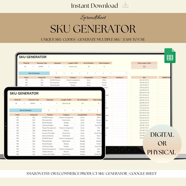 SKU generator for amazon Esty ecommerce business digital or physical product code generator inventory management sku code google template