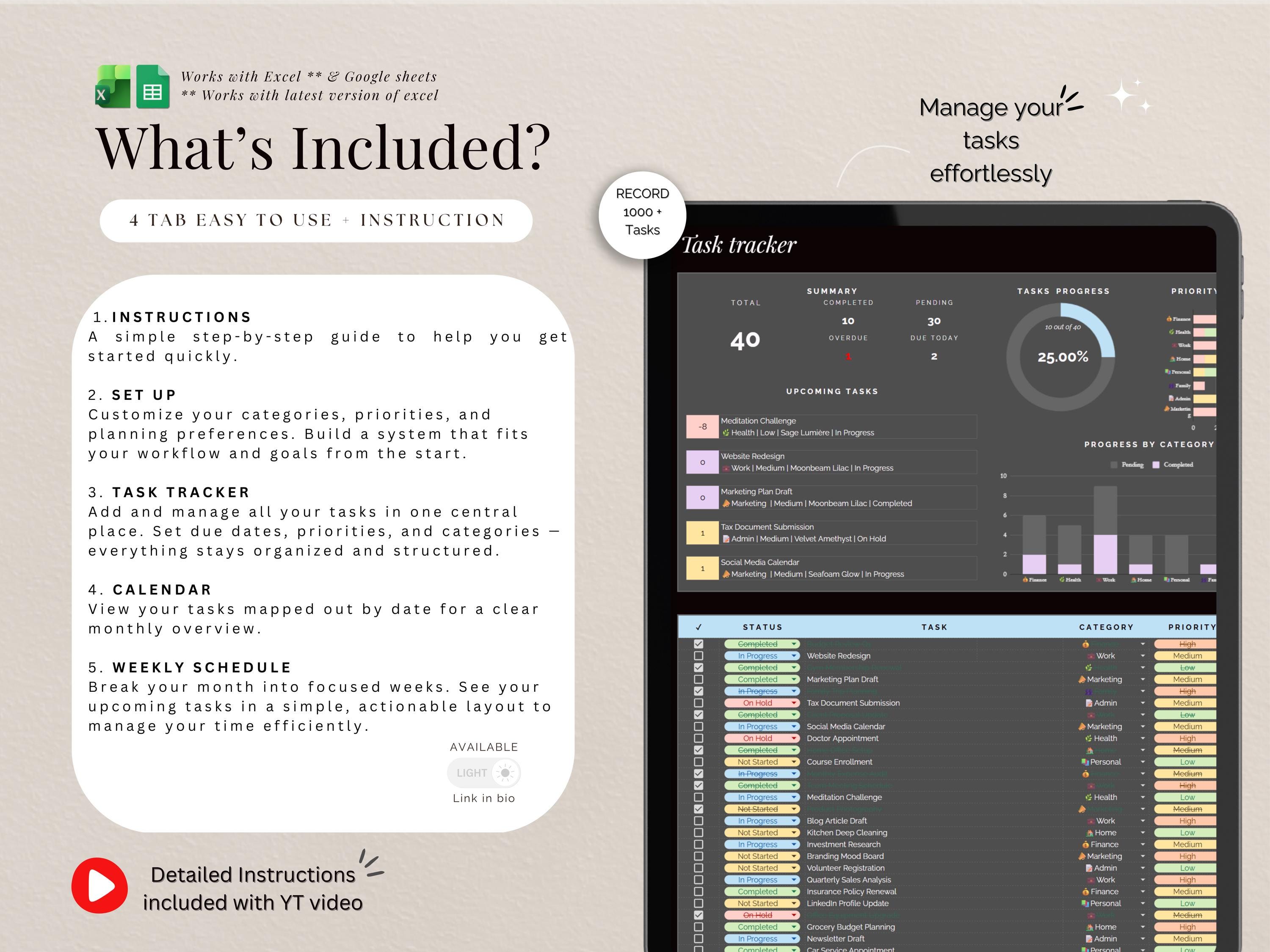 Task Tracker Excel Google Sheets Dark Mode Productivity Planner, to Do ...