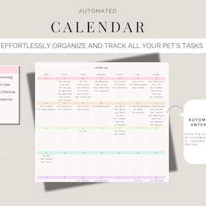 May include: A pet calendar with the word "CALENDAR" in large, bold letters. The calendar is designed to effortlessly organise and track pet tasks. It includes a list of automated entries and a section for grooming, skin care, and dental checkups.