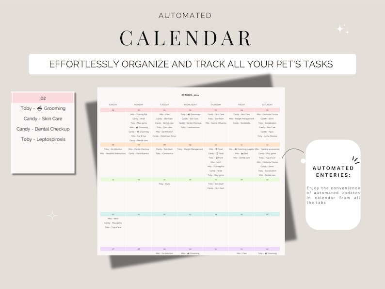 May include: A pet calendar with the word "CALENDAR" in large, bold letters. The calendar is designed to effortlessly organise and track pet tasks. It includes a list of automated entries and a section for grooming, skin care, and dental checkups.