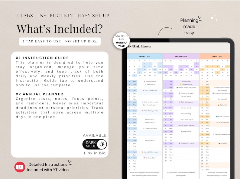 Year at a Glance Yearly Calendar Excel Template Annual Planner Google ...