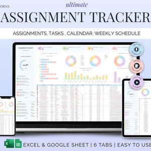 Peut inclure: Un outil de suivi des devoirs numérique affiché sur un ordinateur portable, une tablette et un smartphone. L'écran affiche des graphiques et des visualisations de données. Le texte indique "ultimate ASSIGNMENT TRACKER" et "ASSIGNMENTS. TASKS. CALENDAR. WEEKLY SCHEDULE".