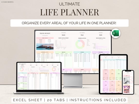 ADHD life planner excel finance tracker productivity organizer habit goal savings 2025 digital calendar template meal travel reading tasks