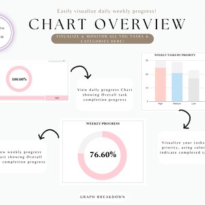 May include: A chart overview showing how to visualise and monitor tasks and categories. The chart includes a daily progress chart, a weekly progress chart, and a weekly tasks by priority chart. The charts are all pink, blue, and grey.