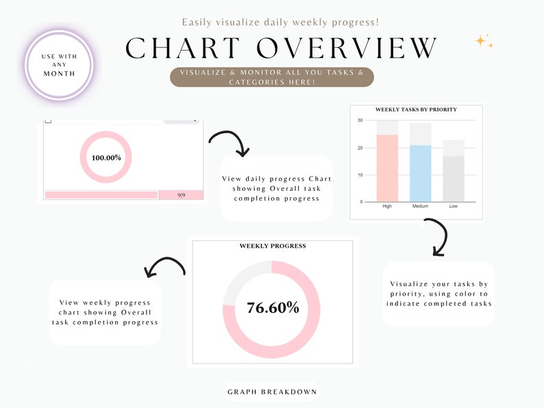 May include: A chart overview showing how to visualise and monitor tasks and categories. The chart includes a daily progress chart, a weekly progress chart, and a weekly tasks by priority chart. The charts are all pink, blue, and grey.