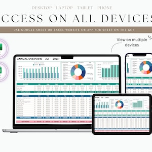 K&ouml;nnte beinhalten: Ein Screenshot, der eine Tabellenkalkulation auf einem Laptop, Tablet und Telefon zeigt. Die Tabellenkalkulation tr&auml;gt den Titel "Jahres&uuml;bersicht Jul. 2023" und enth&auml;lt Diagramme und Grafiken. Der Text "Zugriff auf allen Ger&auml;ten" wird oben im Bild angezeigt. Der Text "Verwenden Sie Google Sheet oder die Excel-Website oder -App f&uuml;r die Tabelle unterwegs!" wird unter der Tabellenkalkulation angezeigt.