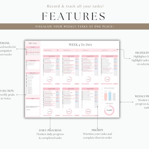 May include: A pink and white weekly planner with a calendar, to-do lists, and progress trackers. The planner features hyperlinks, a highlighter bar, and a section for weekly goals, tasks, and notes.