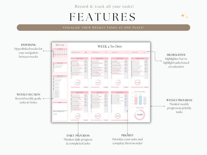 May include: A pink and white weekly planner with a calendar, to-do lists, and progress trackers. The planner features hyperlinks, a highlighter bar, and a section for weekly goals, tasks, and notes.