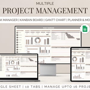 May include: A computer screen displaying a Google Sheet with a project management dashboard. The dashboard includes a Gantt chart, Kanban board, and task manager. The text "GOOGLE SHEET | 10 TABS | MANAGE UPTO 16 PROJECTS" is displayed at the bottom of the screen.