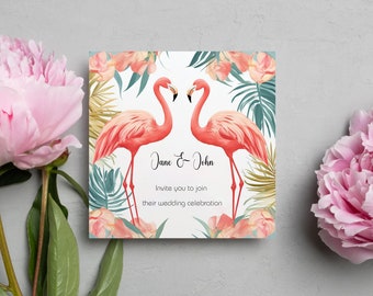 Flamingo Tropical Wedding Invitation, Flamingos, Customizable Digital File, Bird Lover Wedding, Elegantly Illustrated Flamingos, Florals