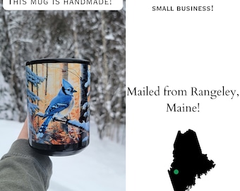 Blue Jay winter coffee mug, Blue Jays Mug, Gift, Bird Lover Gift, Black Coffee Mug, 15oz