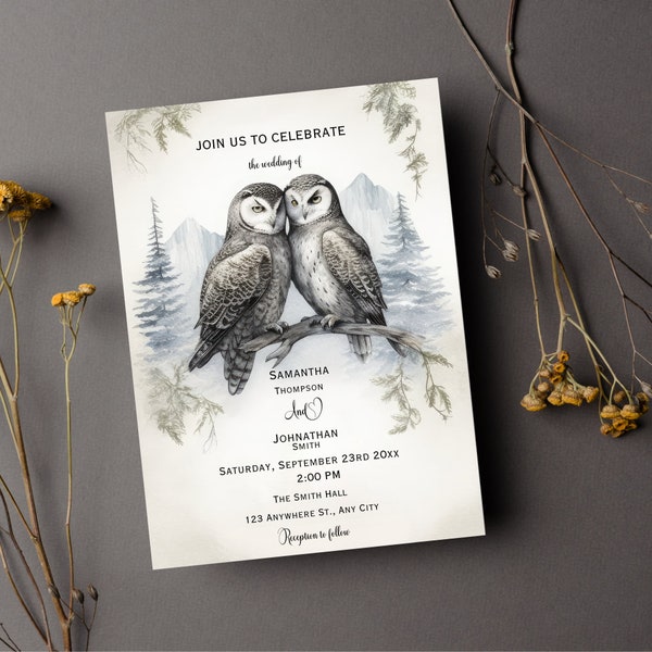 Elegant Rustic Owl Wedding Invitation, Printable Digital File, Bird Lover Wedding Invitation, Outdoor Wedding