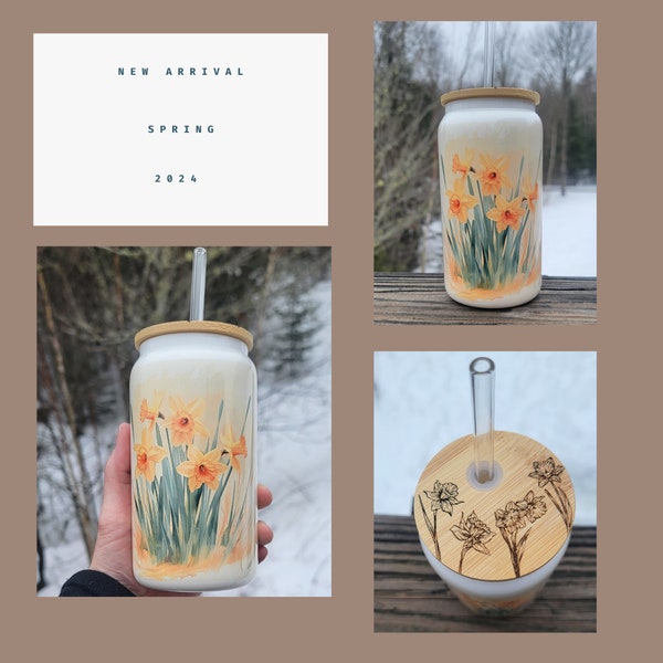 Daffodil Can Glass,  Flower Glass Tumbler, March Birthday Flower Gift, Wood-burned bamboo lid, Iced coffee can glass with lid, gift for her.