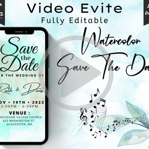 Animierte Aquarell Hochzeitseinladung, elektronisches Save The Date Video, digitale Einladung, Telefon Hochzeit Evite, bearbeitbare Vorlage
