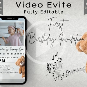 First Birthday Teddy, Animated 1st Birthday Invitation, Electronic Birthday Invite, Canva Birthday Template, Phone Video Birthday Evite