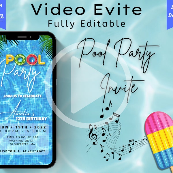 Animierte Geburtstagseinladung zur Pool Party | Pool Geburtstag Evite Video | Digitale Einladungskarte zur Pool-Party | Canva Template bearbeitbar Digital