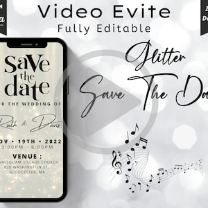 Gold Glitzer animierte Hochzeitseinladung, elektronisches Save the Date Video, digitale Einladung, Telefon Hochzeit Evite, bearbeitbare Vorlage