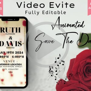 Animierte Hochzeitseinladung | Save The Date Video Vorlage | Digitale Einladung | Vollständig bearbeitbar mit Canva FREE Konto | Telefon Evite