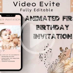Animated First Birthday Party Invitation Template, Digital Video Birthday Party Invite, Canva Birthday Template, Phone 1st Birthday Evite