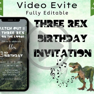 Three Rex Invitation | Three Rex Birthday Invitations | Dino Birthday Party Invite | Dinosaur T-Rex Invite Template | Animated Video T-Rex