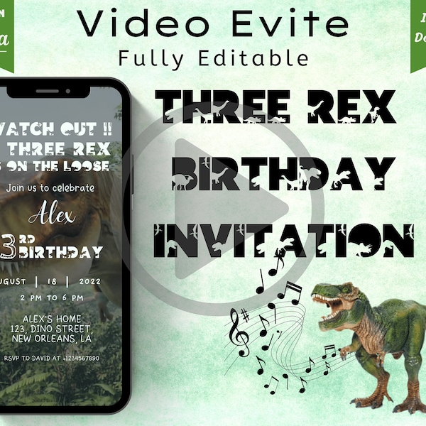 Three Rex Invitation | Three Rex Birthday Invitations | Dino Birthday Party Invite | Dinosaur T-Rex Invite Template | Animated Video T-Rex