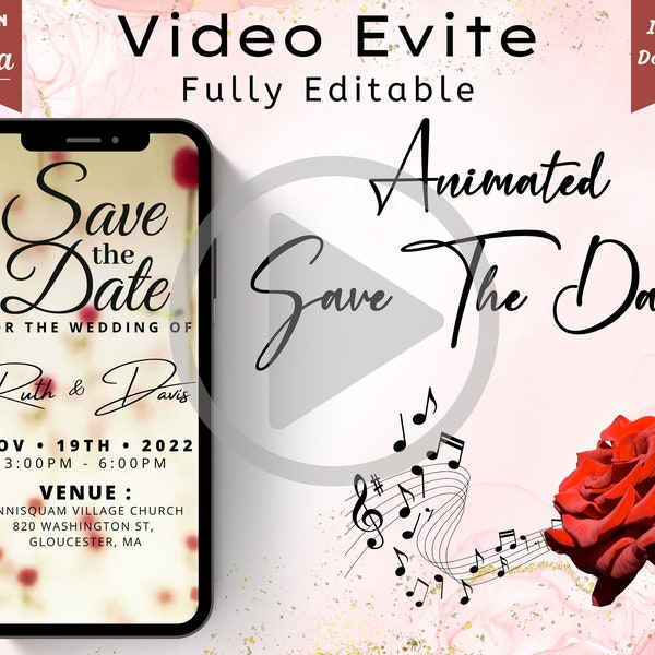 Animated Wedding Invitation | Digital Save The Date Video Template | Electronic Invitation | Save The Date Phone Evite